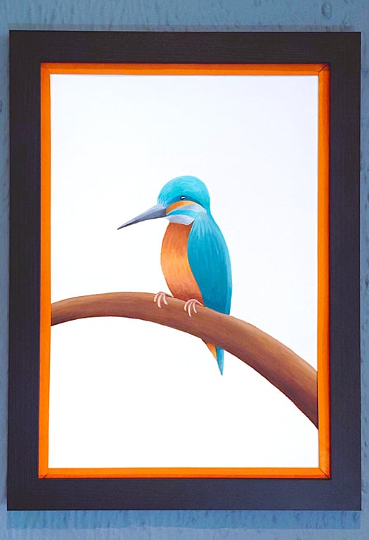 Handmade Unique Framed A3 Print Colourful Kingfisher Orange Border Wallart