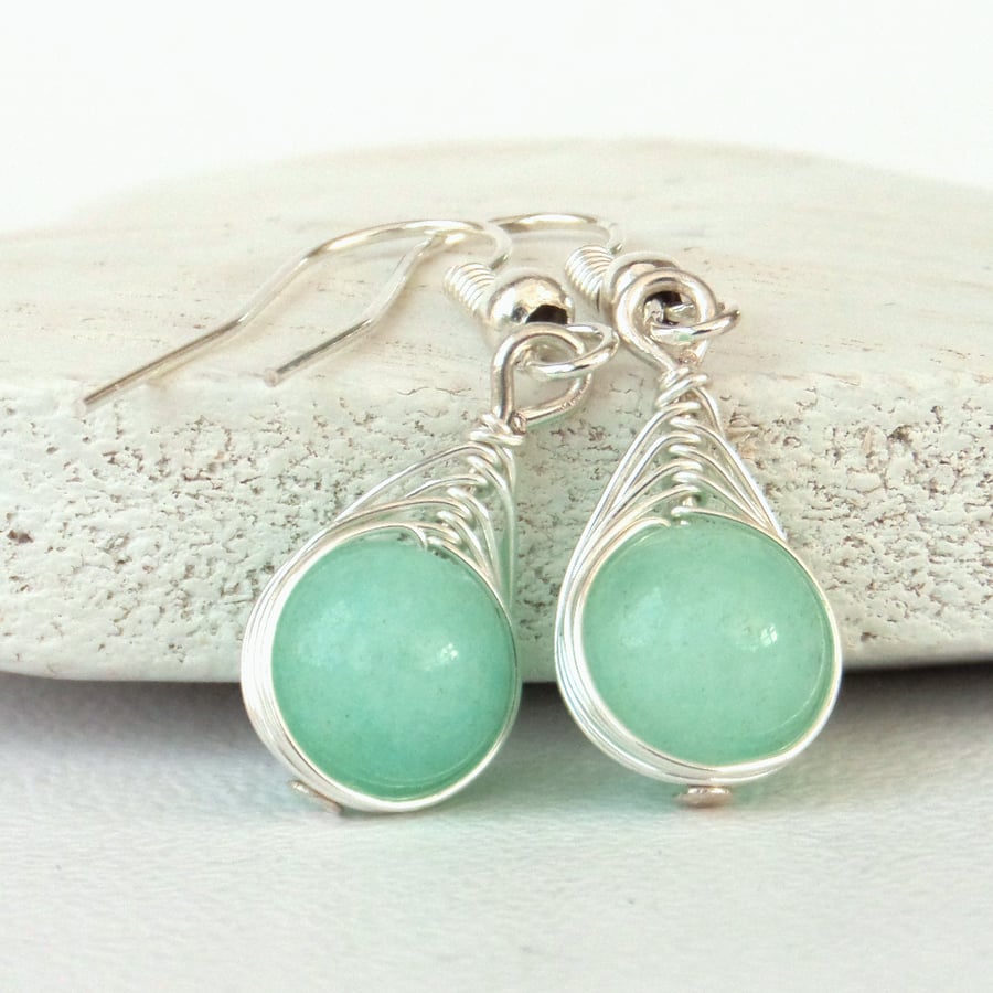 Pale turquoise jade wire wrapped earrings