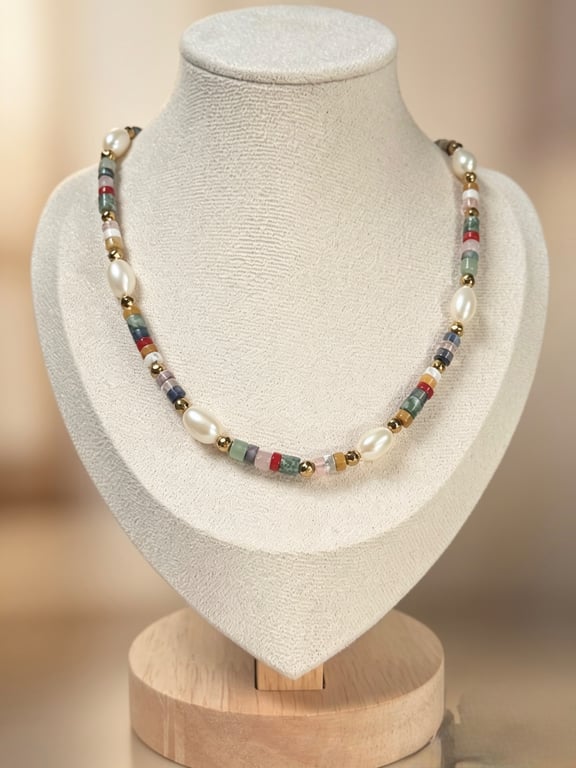 Gemstone & Pearl Beaded Necklace Handmade Stainless Steel Jewelry