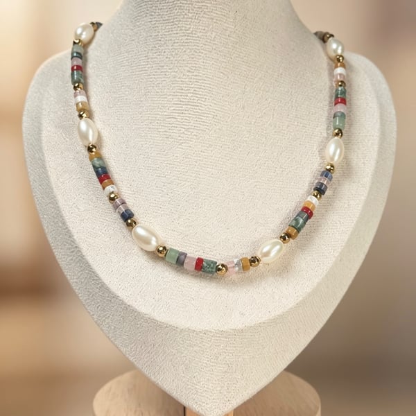 Gemstone & Pearl Beaded Necklace Handmade Stainless Steel Jewelry