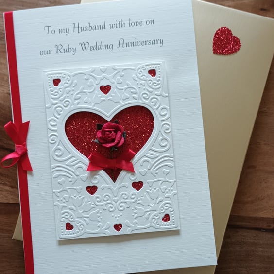 Boxed Ruby Anniversary Card For Husband, Wife Or Partner Red Rose And Hearts. A5
