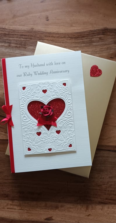 Boxed Ruby Anniversary Card For Husband, Wife Or Partner Red Rose And Hearts. A5
