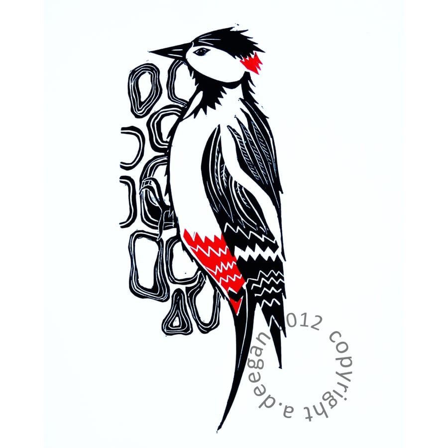 SALE Original lino cut print Woodpecker