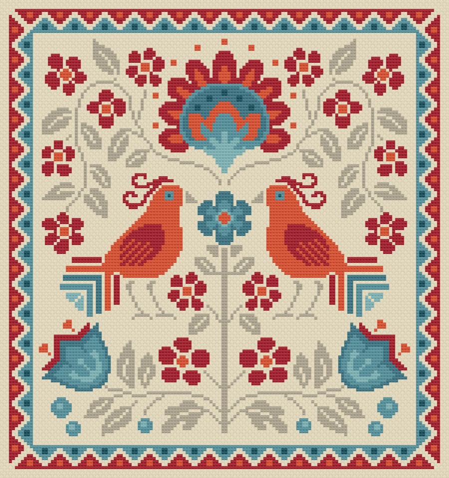 311B - Emberwing Garden, Birds, Flowers cross stitch Pattern LIGHT (PDF Chart)