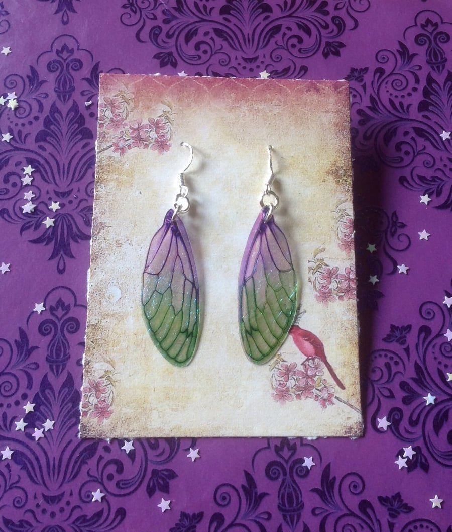 Fairy Wing Earrings - Purple and Green - Sterling Silver Earrings - Fae