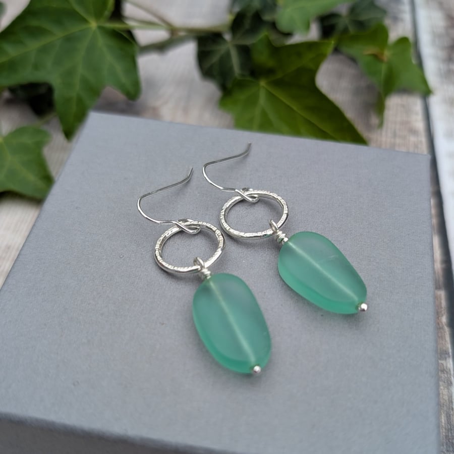 Sterling Silver Textured Circle Earrings with Aqua Sea Glass Beads  JBJ1102