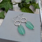 Sterling Silver Textured Circle Earrings with Aqua Sea Glass Beads  JBJ1102
