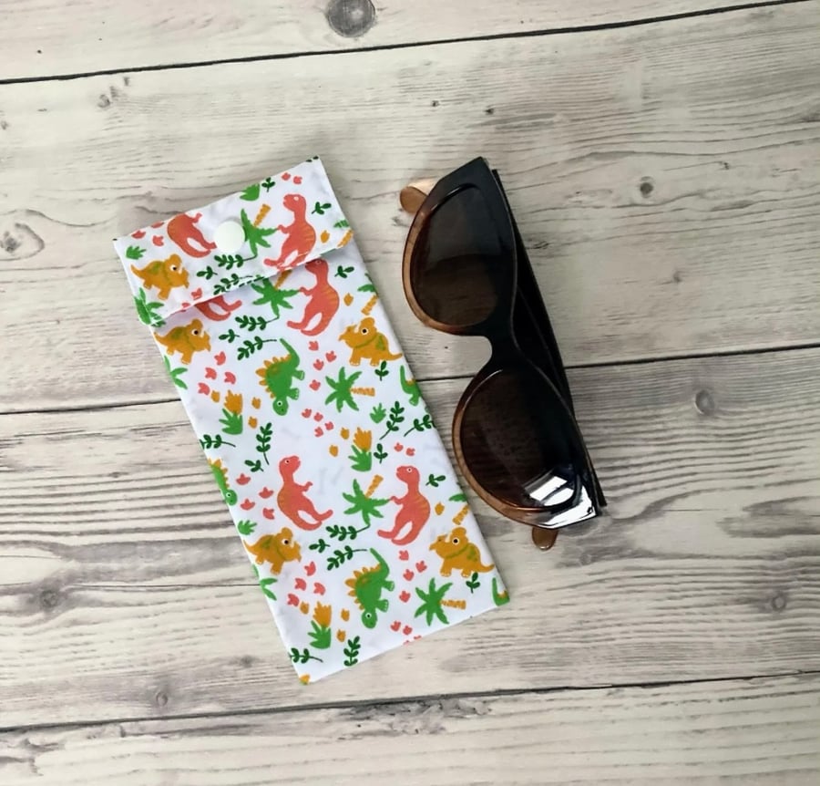 Sunglasses Pouch: Glasses Case. White Dinosaurs Fabric