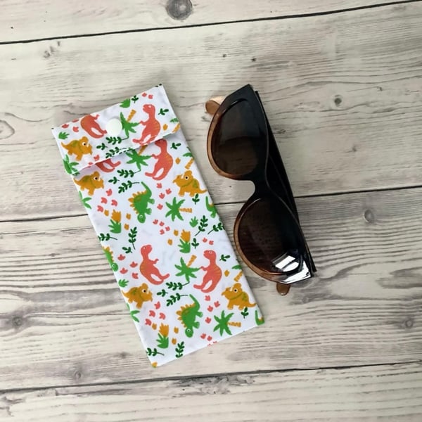 Sunglasses Pouch: Glasses Case. White Dinosaurs Fabric
