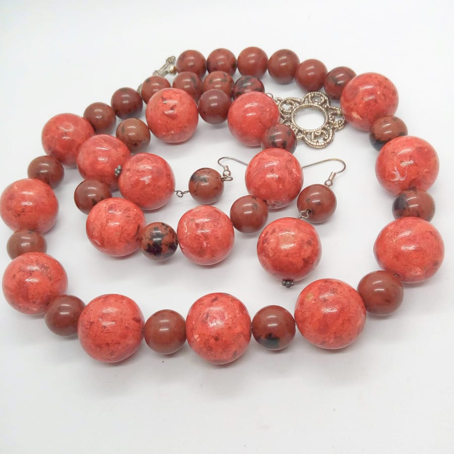SALE - Red Pressed Coral and Mahogany Jasper Beaded 3 Piece Jewellery Set