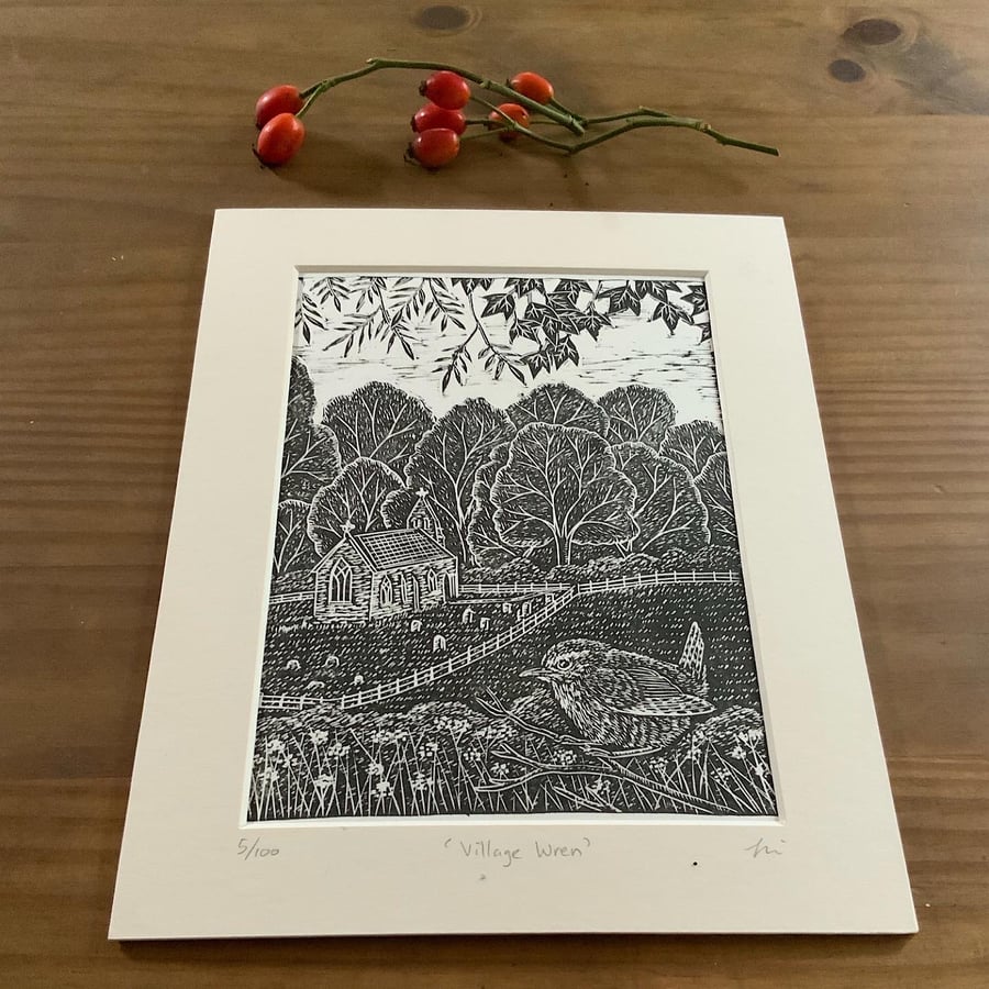 Wren linocut print, an original, mounted limited edition lino print 