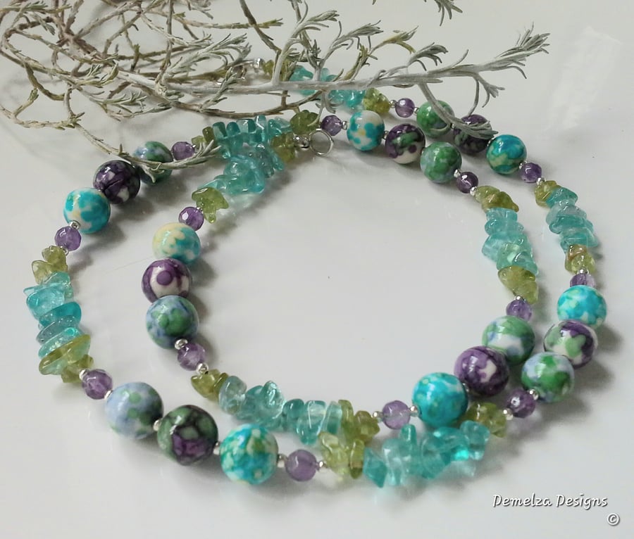 Designer Paraiba Blue Apatite, Amethyst, Variscite & Peridot Necklace
