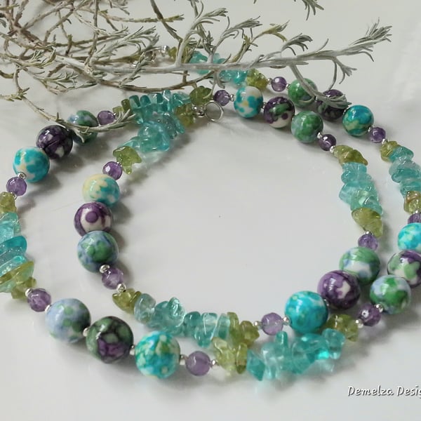 Paraiba Blue Apatite, Amethyst, Jasper & Peridot Necklace