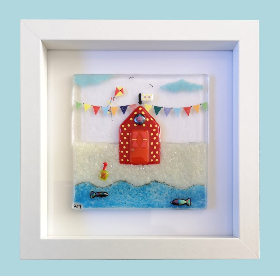 HANDMADE FUSED GLASS ON CERAMIC 'RED BEACH-HUT' PICTURE