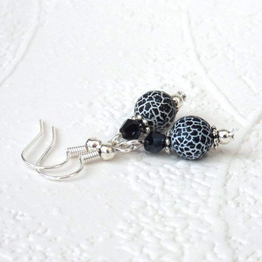 Black & white fire agate and crystal earrings