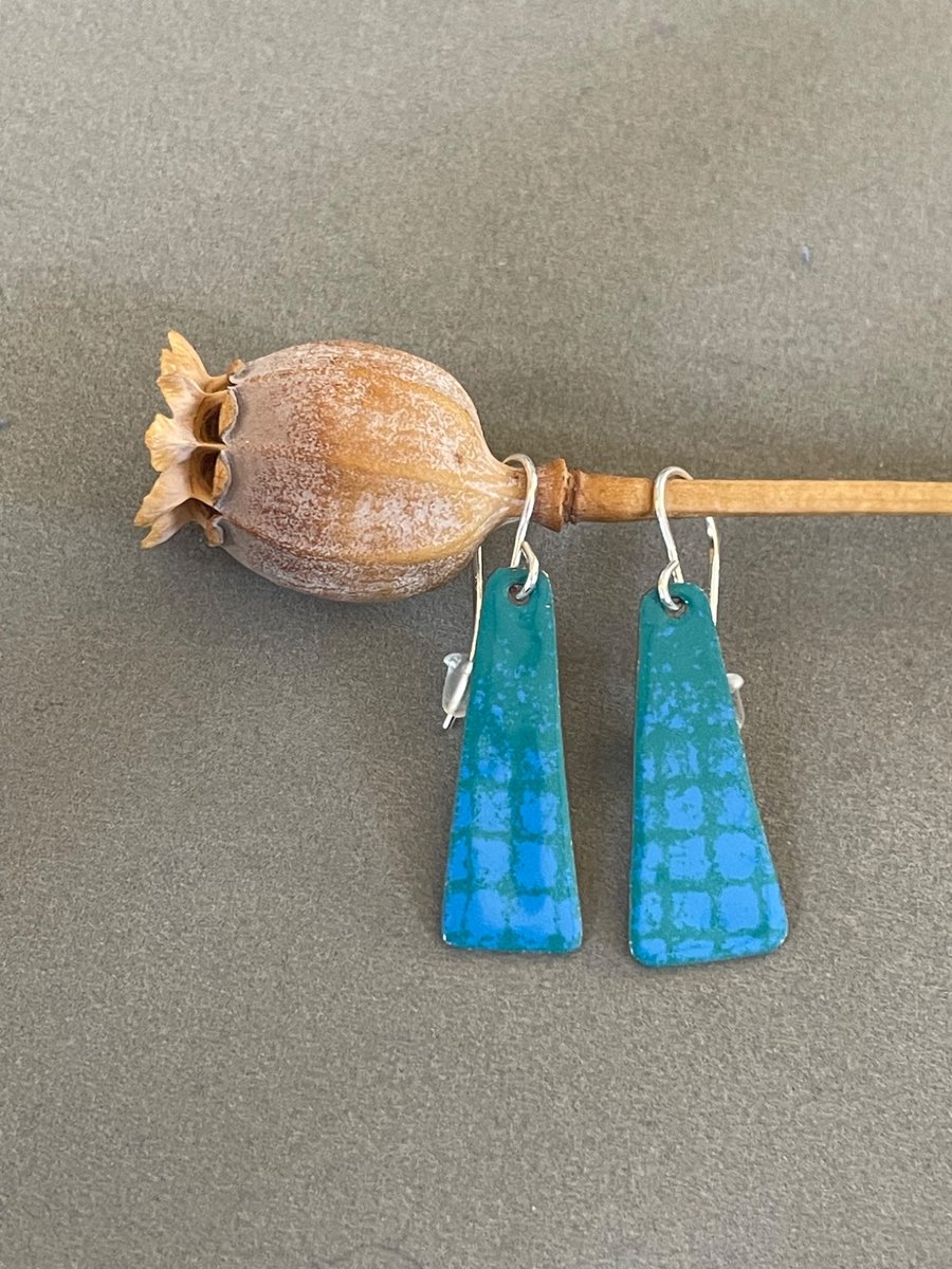 Enamel drop earrings, Teal with blue squares - silver hooks