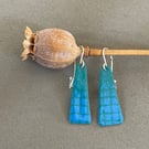 Enamel drop earrings, Teal with blue squares - silver hooks