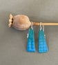 Enamel drop earrings, Teal with blue squares - silver hooks