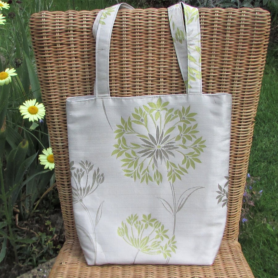 Floral tote bag - pale gold, lime green and silver