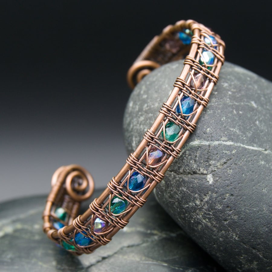 Snake Wire Weave Copper Cuff with Blue, Teal & Purple Faceted Glass Beads