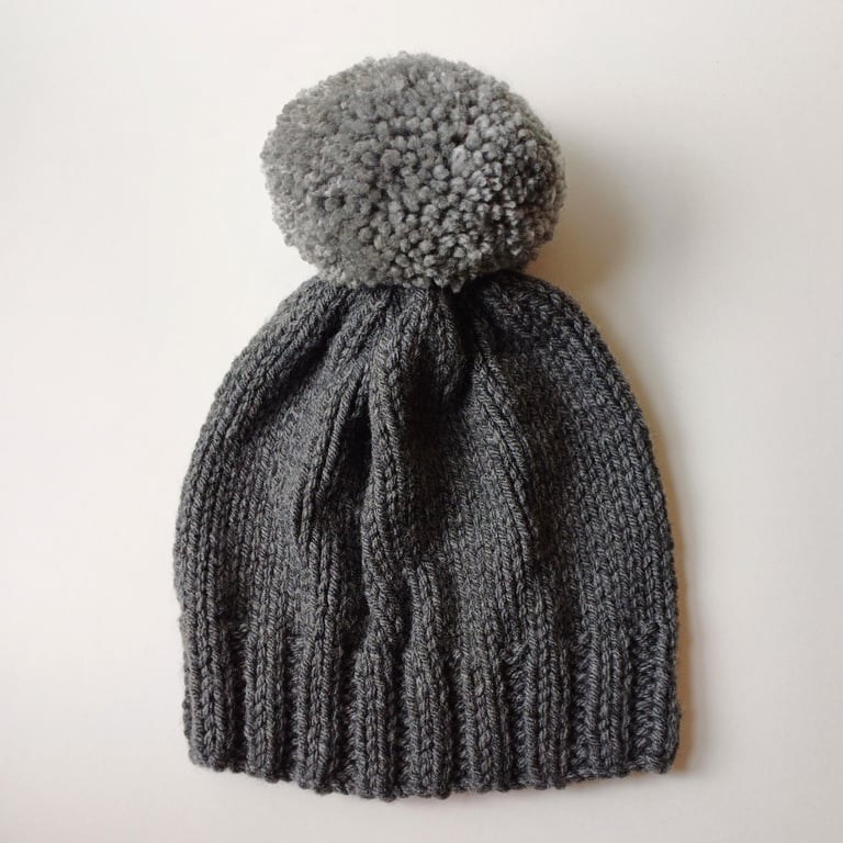 Bobble Hat in Grey Chunky Yarn with Light Grey Pom Pom