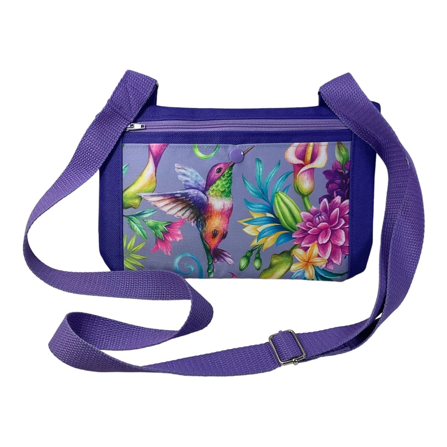 Small shoulder phone bag, flat hummingbird print Pouch, purple handbag, teenager