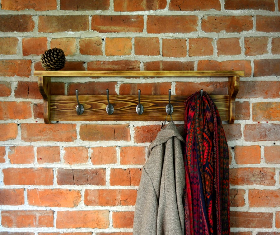 Coat rack with shelf and cast iron hooks - Handmade in Wales