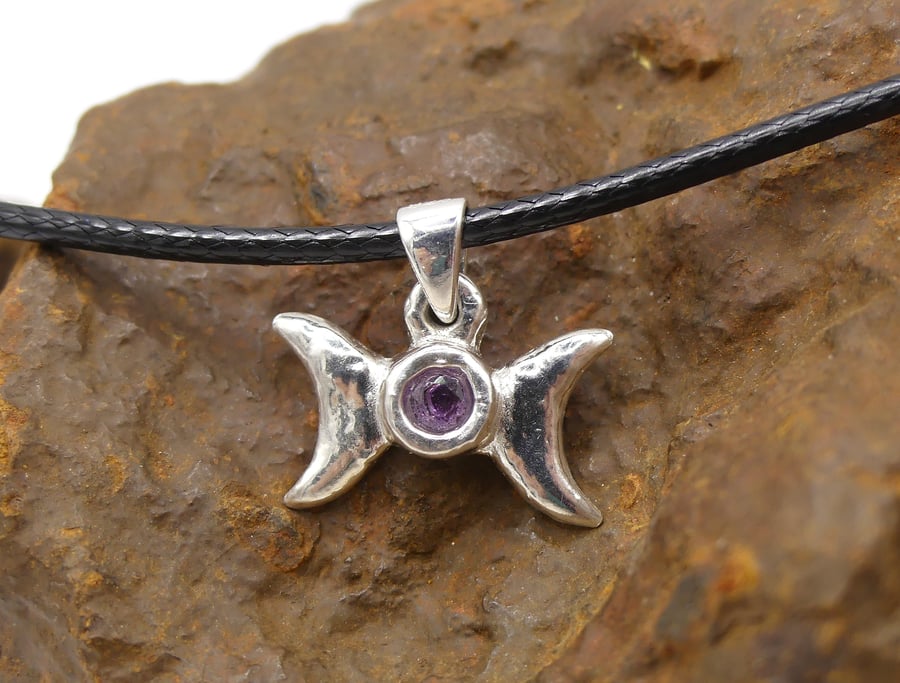 Recycled Sterling Silver Triple Moon with African Amethyst Pendant Necklace.