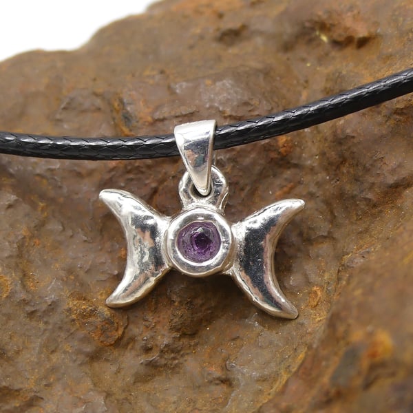 Recycled Sterling Silver Triple Moon with African Amethyst Pendant Necklace.