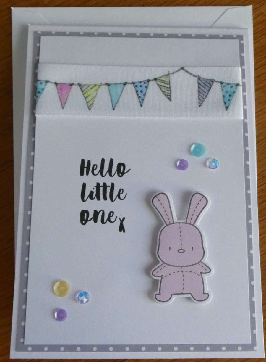 Beautiful Bundle Bunting & Bunny New Baby Card with Free Gift Tag - Pink