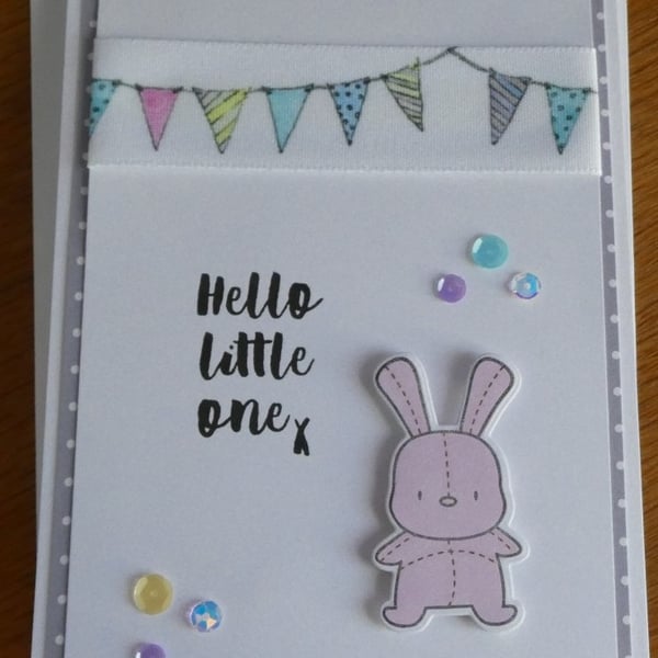 Beautiful Bundle Bunting & Bunny New Baby Card with Free Gift Tag - Pink