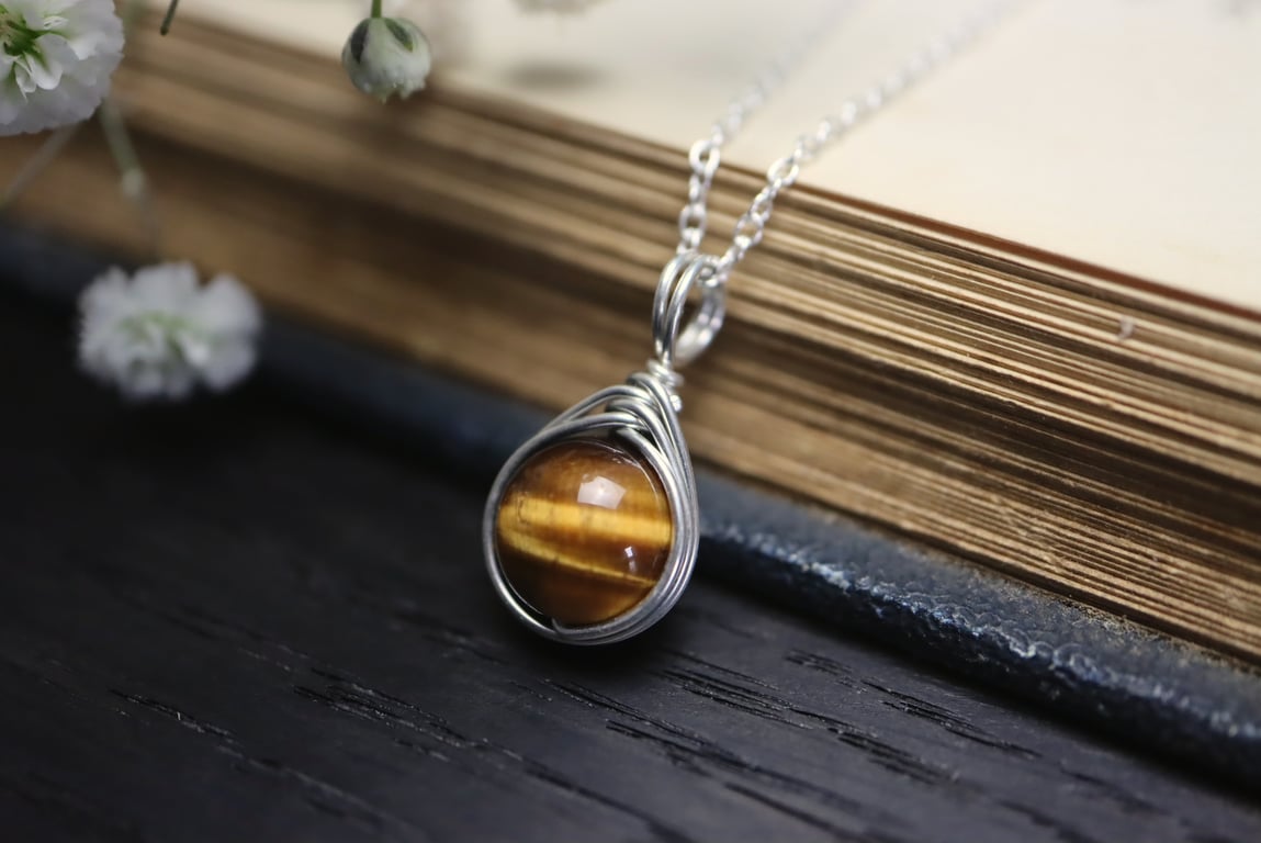 Tigers Eye Necklace Wire Wrapped in Sterling Silver