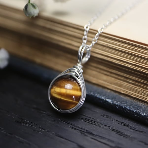 Tigers Eye Necklace Wire Wrapped in Sterling Silver