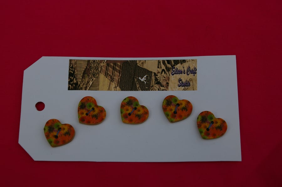 Buttons wooden heart shaped with orange flower print