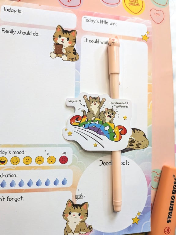 Funny Chaos Cat Sticker, Overstimulated Caffeinated Tabby Decal, Relatable 