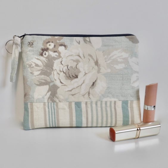 Make up bag in blue grey floral and stripes