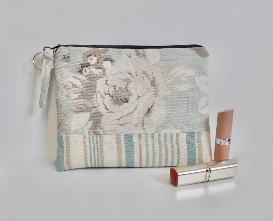 Make up bag in blue grey floral and stripes