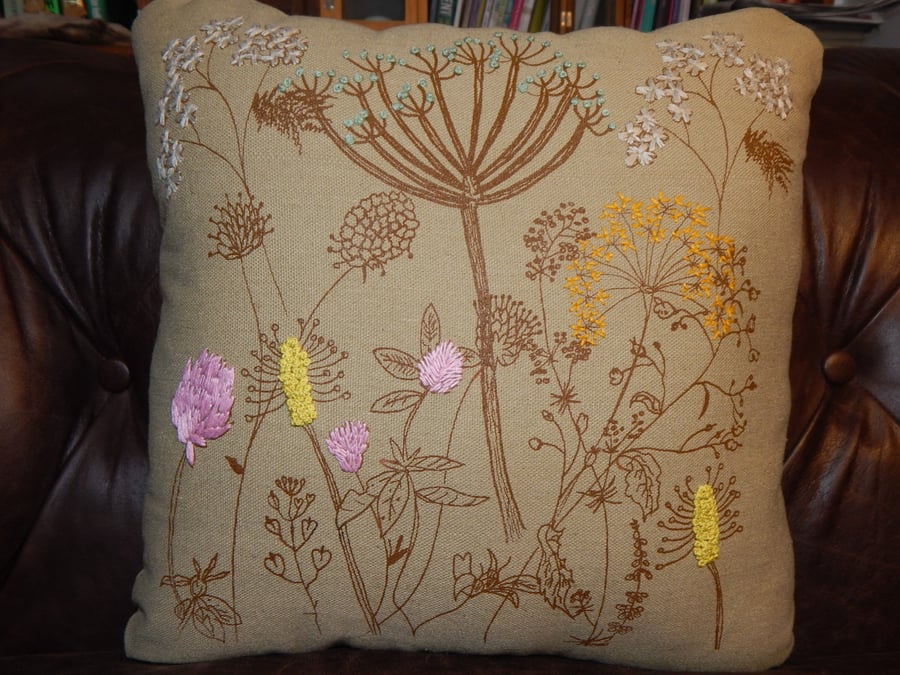 Green hedgerow flowers  - Screen printed with hand embroidery