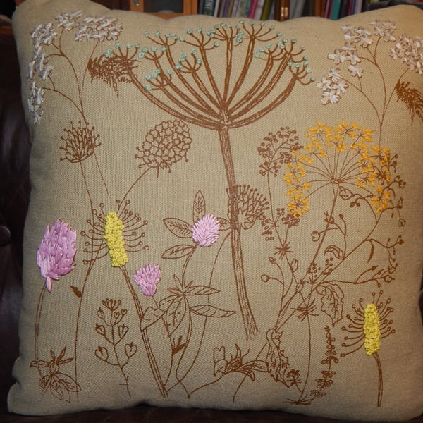 Green hedgerow flowers  - Screen printed with hand embroidery