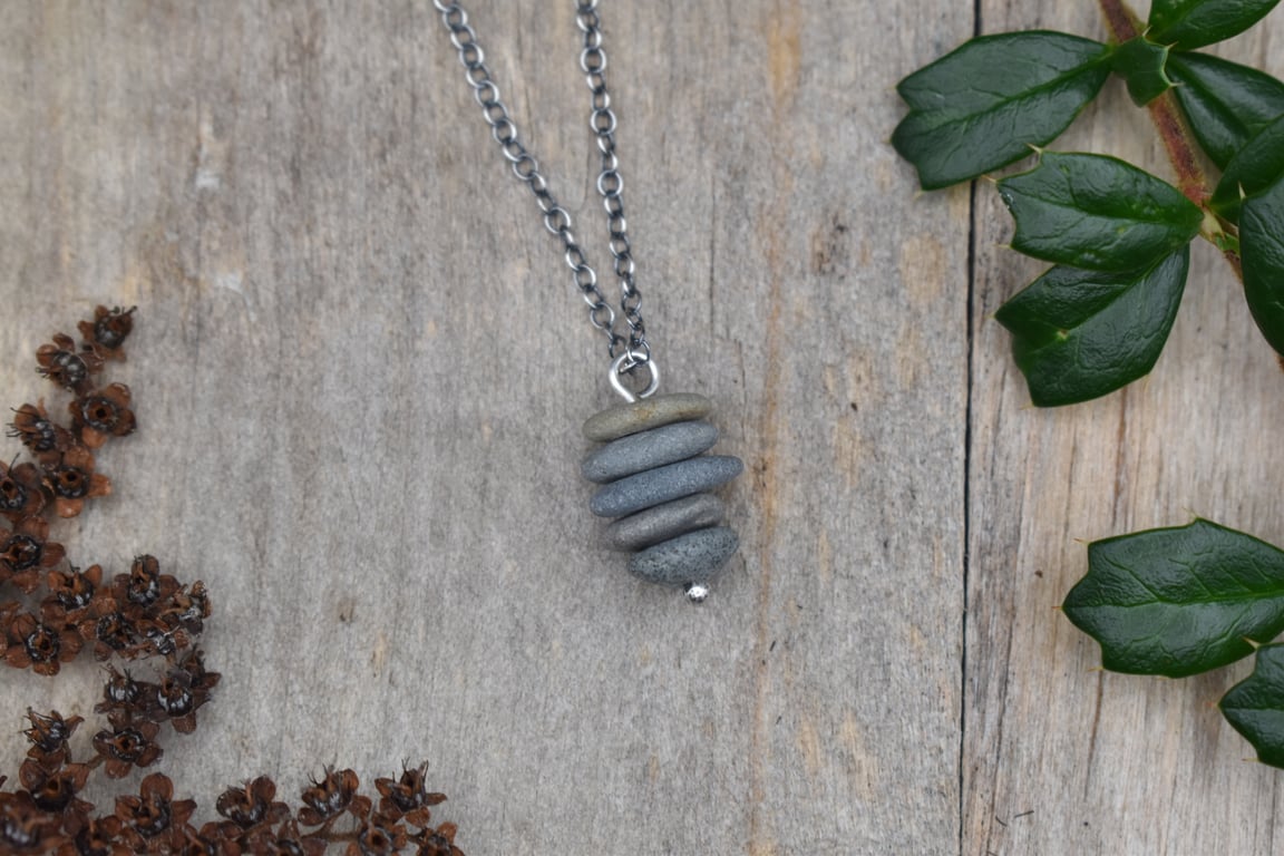 Stacked Pebble and Recycled Sterling Silver Necklace, Stone Necklace, Pendant