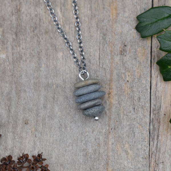 Stacked Pebble and Recycled Sterling Silver Necklace, Stone Necklace, Pendant