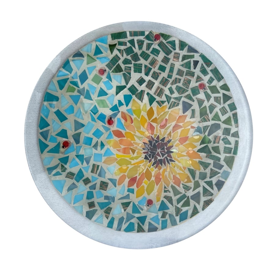 Handcrafted sunflower decorative mosaic platter.