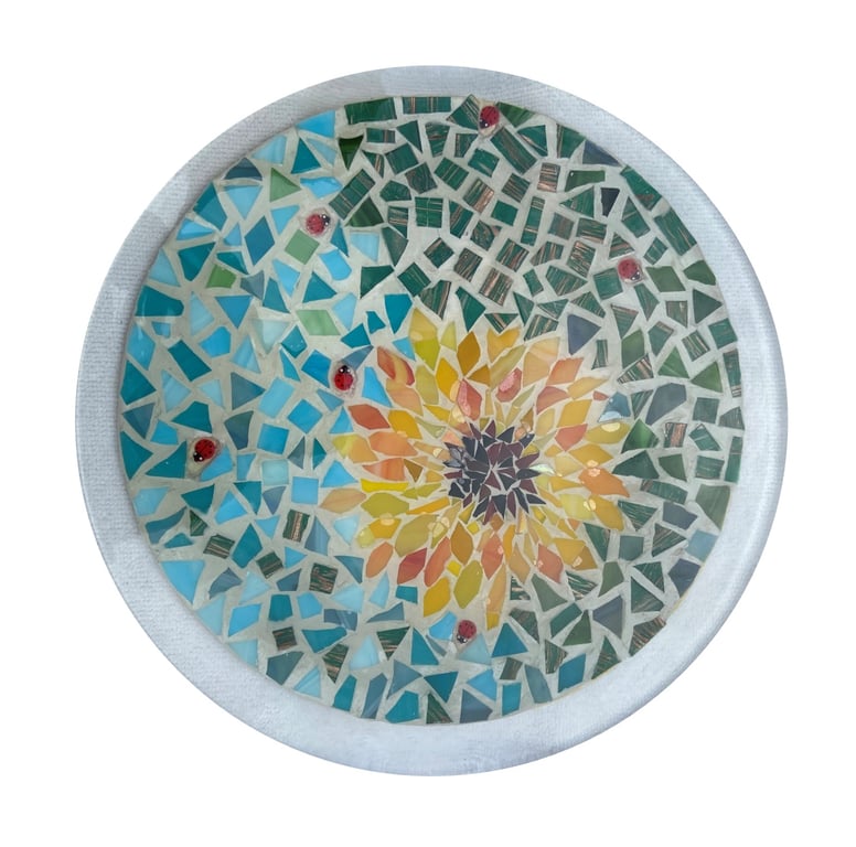 Handcrafted sunflower decorative mosaic platter.