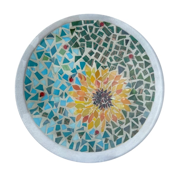 Handcrafted sunflower decorative mosaic platter.