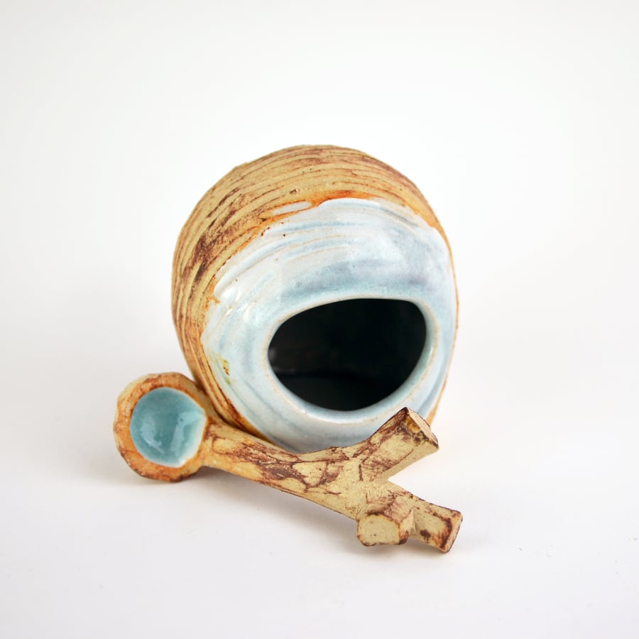 Ceramic nest salt pot with spoon - unusual handmade salt pig for bird lovers