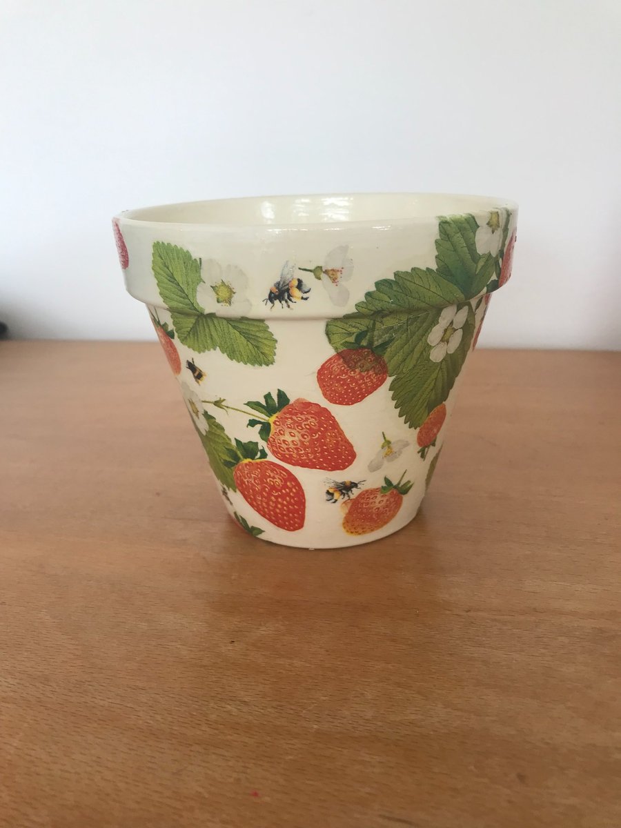 Handcrafted decoupaged "Strawberry and bee" design 130mm terracotta flower