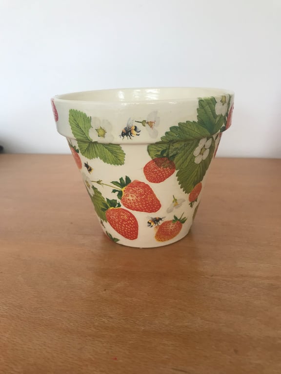 Handcrafted decoupaged "Strawberry and bee" design 130mm terracotta flower