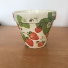 Handcrafted decoupaged "Strawberry and bee" design 130mm terracotta flower