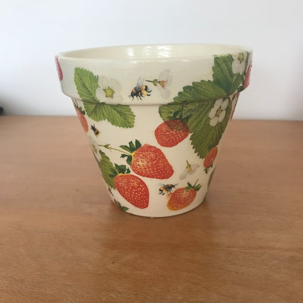 Handcrafted decoupaged "Strawberry and bee" design 130mm terracotta flower