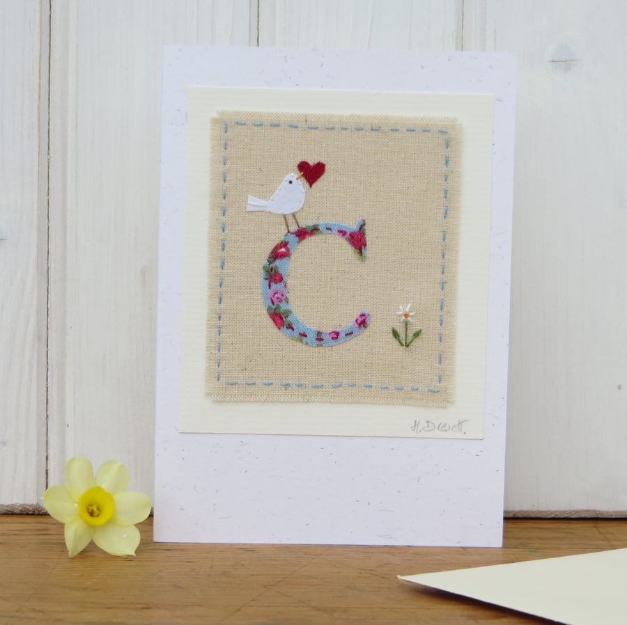 Sweet little letter C card hand-stitched, new baby, Christening or 1st birthday
